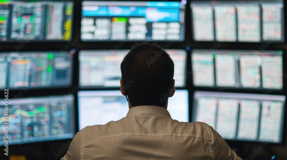 Aufkleber trader focused on analysis while surrounded by various screens showing financial charts and market t