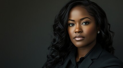 Fototapeta premium confident black businesswoman in formal professional attire with smart expression illustrating education training career development and strong leadership potential