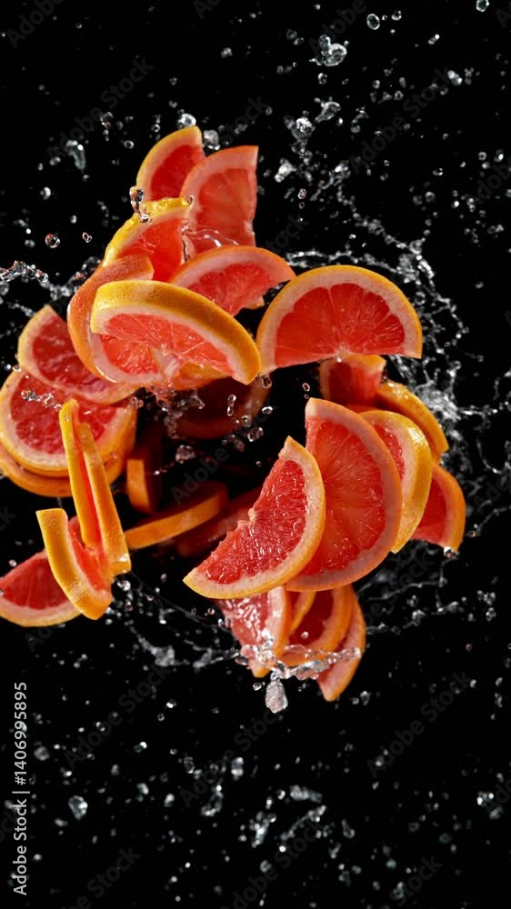 Aufkleber Super slow motion of rotating Grapefruit slices with splash water, black background. Filmed on high speed cinema camera, 1000 fps. Speed ramp effect. Vertical aspect ratio.