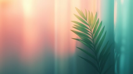 Sunlight filters through curtains, illuminating a green leaf against a pastel backdrop in a serene interior setting