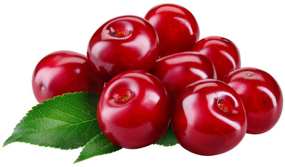 Cherry isolated png. Sour cherry with leaf on transparent background. Perfect retouched cherries...