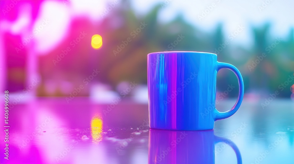 Poster a vibrant blue mug stands on a shiny table, with a soft bokeh effect of colorful lights and trees be