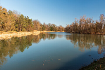 Lake with forest around mirroring on waterground during beautiful day with clear sky in Karvina city in Czech republic