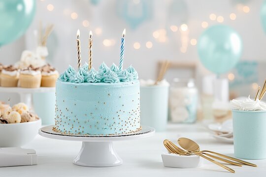 Blue birthday cake with candles and party decorations