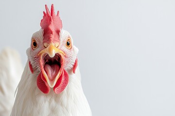 Close-up of white chicken with red comb and wattles against light background