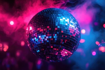 Obraz premium Disco ball illuminated in vibrant pink and blue neon light, creating a dazzling party atmosphere.