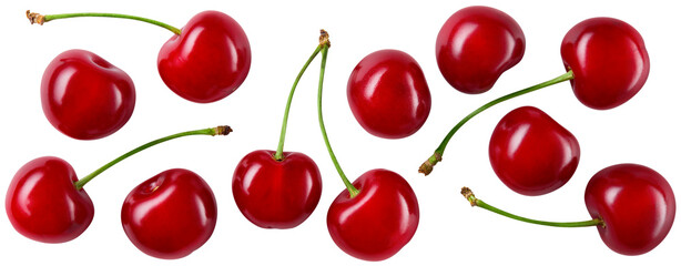 Cherry isolated png. Sour cherry with leaf on white or transparent background. Perfect retouched cherries on branch with leaves no background.  Png cherry flat lay.  Sour cherries background.