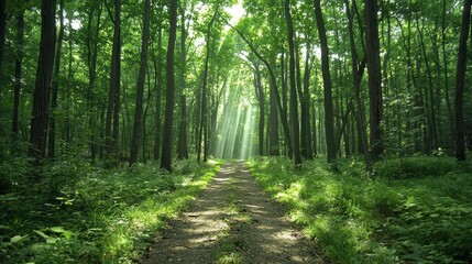 Obraz premium Sun Dappled Path Through Lush Green Forest