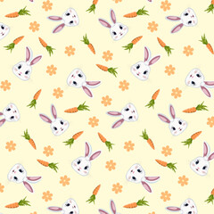 Rabbit and carrot pattern.Vector seamless pattern with rabbits and orange carrots on a colored background.