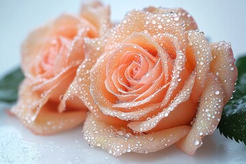 
Macro shot of a beautiful peach-colored rose with water droplets on the petals, set against a white background, showcasing fine details.