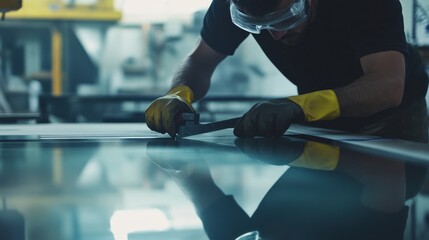 Glassworker cutting and shaping custom glass panels in a workshop. Featuring precision and craftsmanship