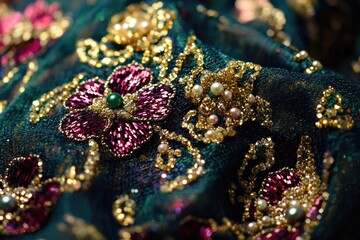 Intricate beaded embroidery on dark teal fabric, showcasing floral patterns and gold accents.