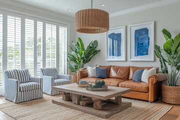 Naklejka premium Cozy farmhouse-style living room with brown leather couch, striped armchairs, coffee table, large pendant light, and blue accents on the artwork wall, illuminated by natural light.
