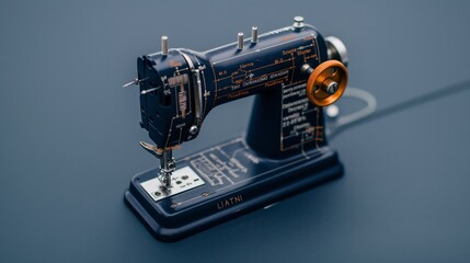 Fototapeta premium Vintage blue sewing machine with orange details on dark surface