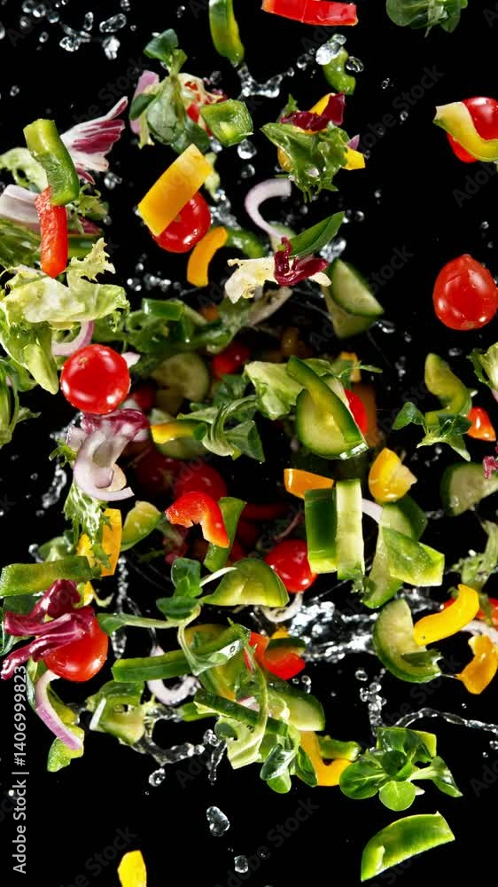Poster super slow motion of rotating fresh lettuce flying up in the air. splashing water. isolated on black