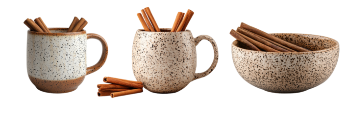 Speckled ceramic mug, cup filled with spiced chai latte and topped with cinnamon sticks. The rustic and cozy design evokes a sense of warmth and comfort, isolated on transparent background