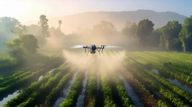 A drone flying over lush fields at dawn, showcasing modern agriculture and innovative technology in farming.