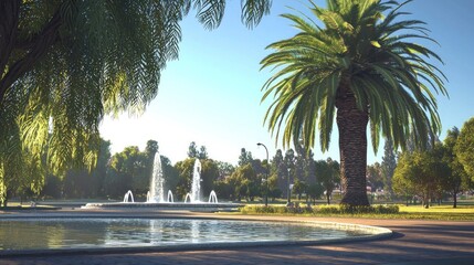 Fototapeta premium Sunny park with fountains and palm trees. Lush greenery, tranquil atmosphere