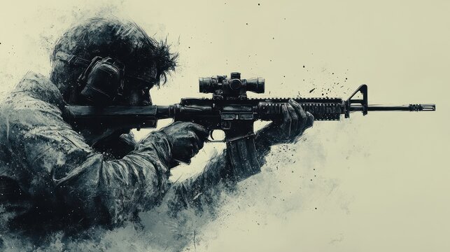 Soldier aiming rifle, digital art, military action, combat scene, grayscale, tactical gear, weapon, war, army, soldier, aiming, combat,