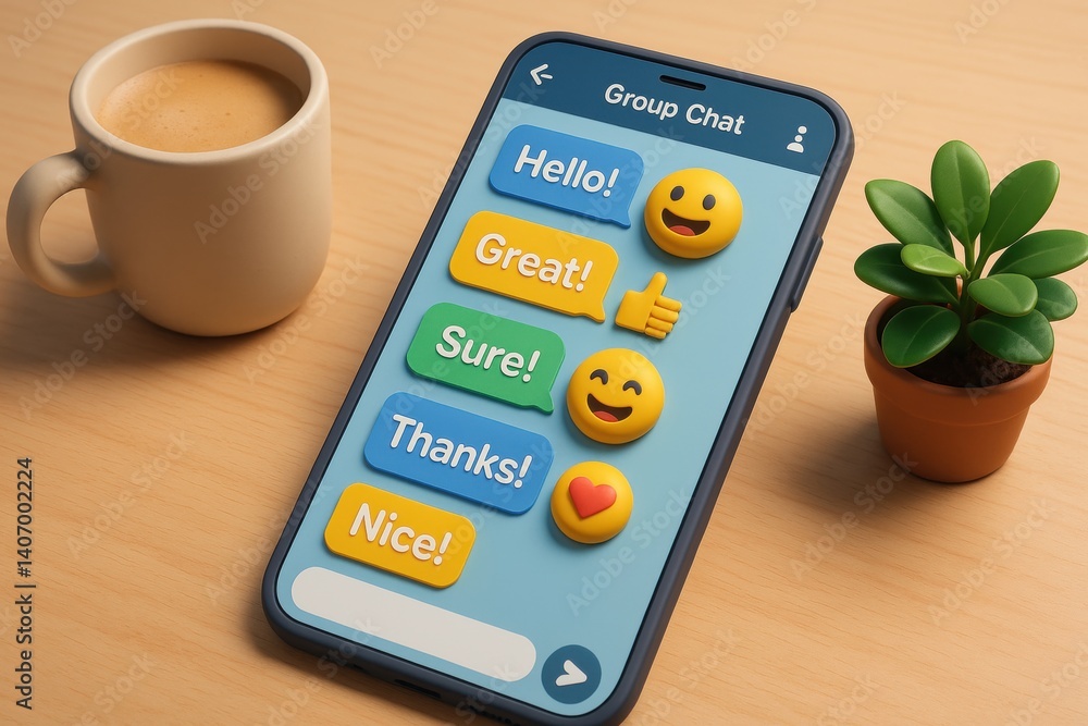 Aufkleber modern communication: a close-up view of a smartphone screen displaying a friendly group chat, adorn