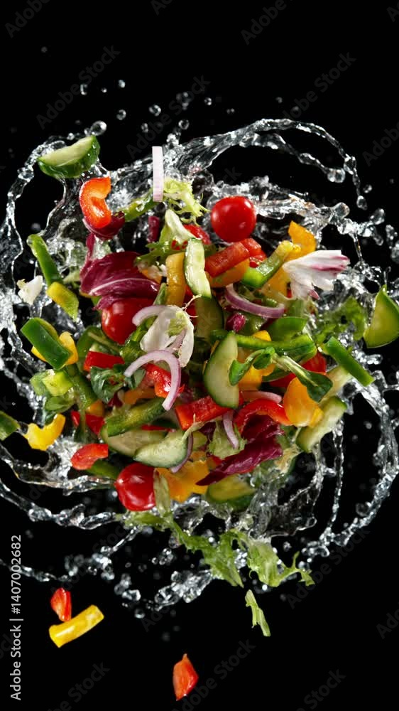 Aufkleber super slow motion of rotating fresh lettuce flying up in the air. splashing water. isolated on black