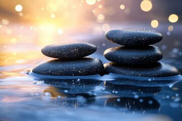 Serene stack of smooth stones resting in calm water during sunset