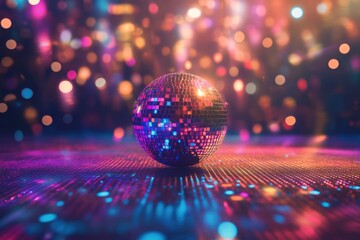 Disco ball on a shimmering dance floor under vibrant colorful lights, reflecting a festive party atmosphere.