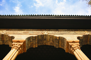 View of historical building under cloudy sky, Traditional roof with blue sky and clouds, Vintage architecture, Ancient building under a cloudy blue sky, historical building, Persia, Persian, Iran