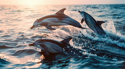 Obraz premium Dolphins Jumping Over Ocean Waves During Sunset in Vibrant Scene