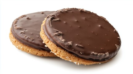 Fototapeta premium a pair of cookies with brown chocolate on top, on white background