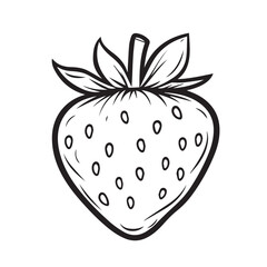 Strawberry fruit with seeds and leaves black and white vector illustration