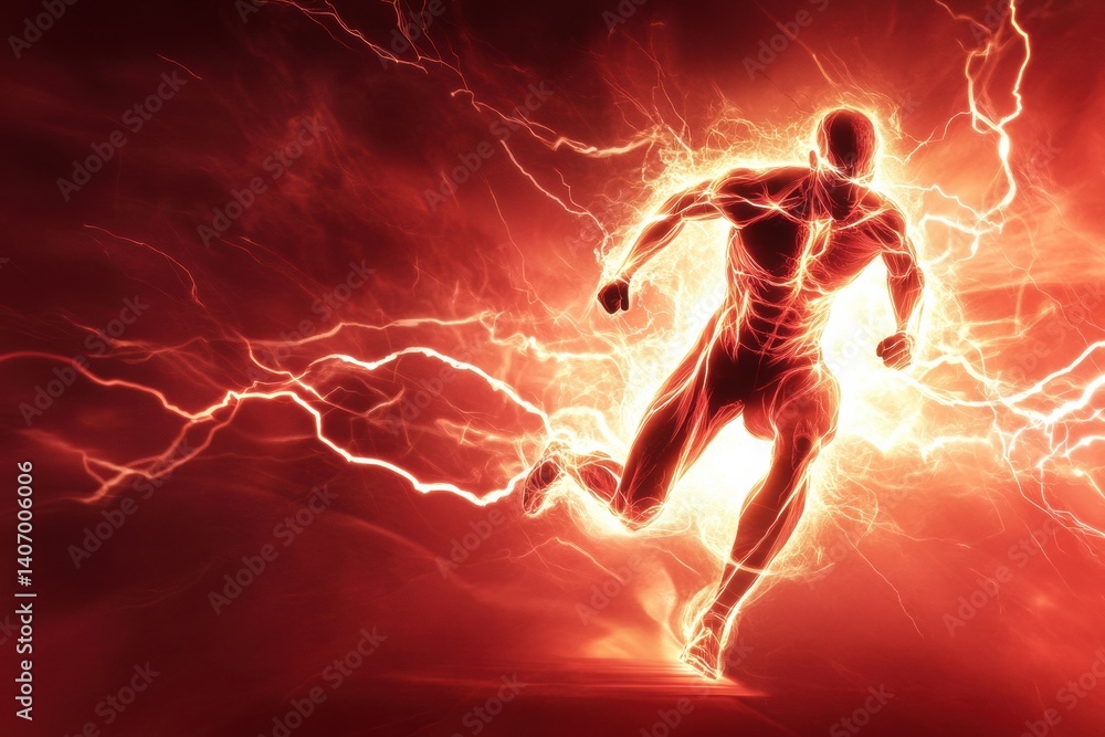 Leinwandbilder dynamic figure running through a storm of energy and lightning in a vibrant red background