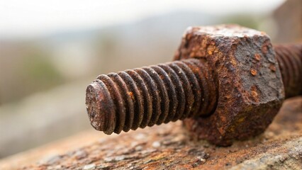 Close Up of Single Rusted Bolt Showing Corrosion Texture and Metal Decay in Industrial Setting