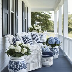 Obraz premium Coastal Hamptons porch with white wicker rocking chairs, navy striped cushions, and hydrangea blooms in weathered ceramic urns. 