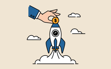 Hand Placing Coin on Rocket for Startup Investment and Business Growth