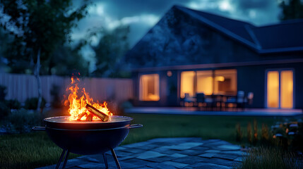 Barbecue grill with bright fire in front of house, detail of brightly burning fire. AI generated images.