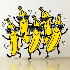 Funny fruit doodles featuring a group of smiling bananas wearing sunglasses and dancing, drawn in a clean black outline style on a white background.