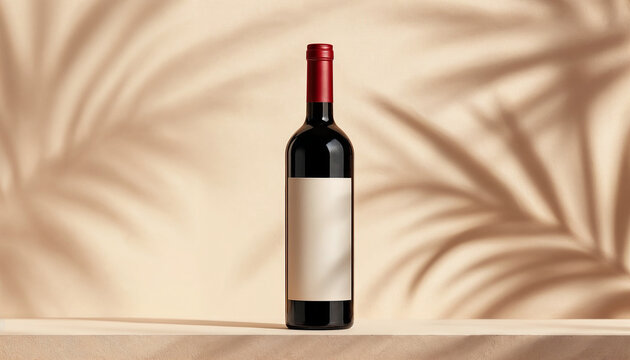 A bottle of red wine sits on a stand, beautifully framed by palm leaf shadows.