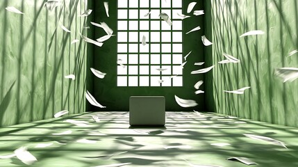 Dynamic paper cascade in green room surreal art installation minimalist environment creative perspective