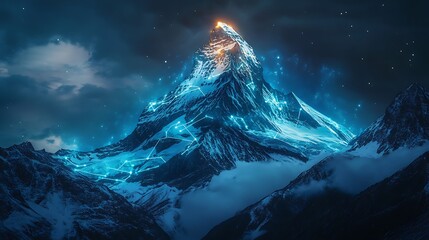 Majestic illuminated peak surrounded by artificial intelligence energy flows