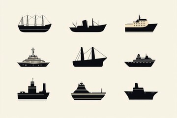 Collection of web images of marine themes, transport, fish, ocean elements on a neutral background