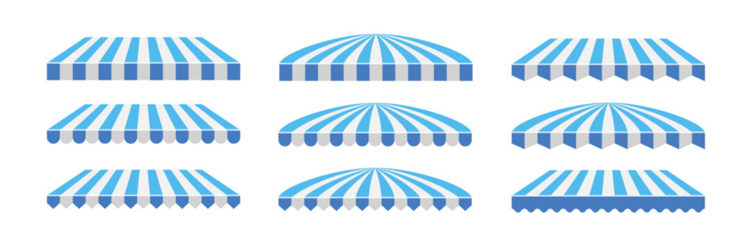 Blue and white striped awning set. Collection of different shop canopies. Storefront sunshade elements for market stalls, cafes, outdoor shops. Realistic vector illustrations.