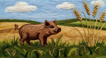 Fototapeta premium A curious piglet explores a wheat field on a sunny day, illustrated with warm colors.
