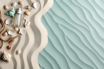 Obraz premium Cosmetic bottle on sand with seashells and nautical decor on wavy background