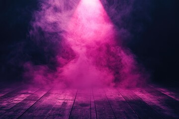 Pink and purple smoke fills a dark room, illuminating a wooden floor with a spotlight.