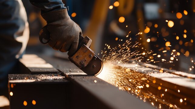 Ironworker using a grinder on steel beams. Featuring metalwork and precision grinding
