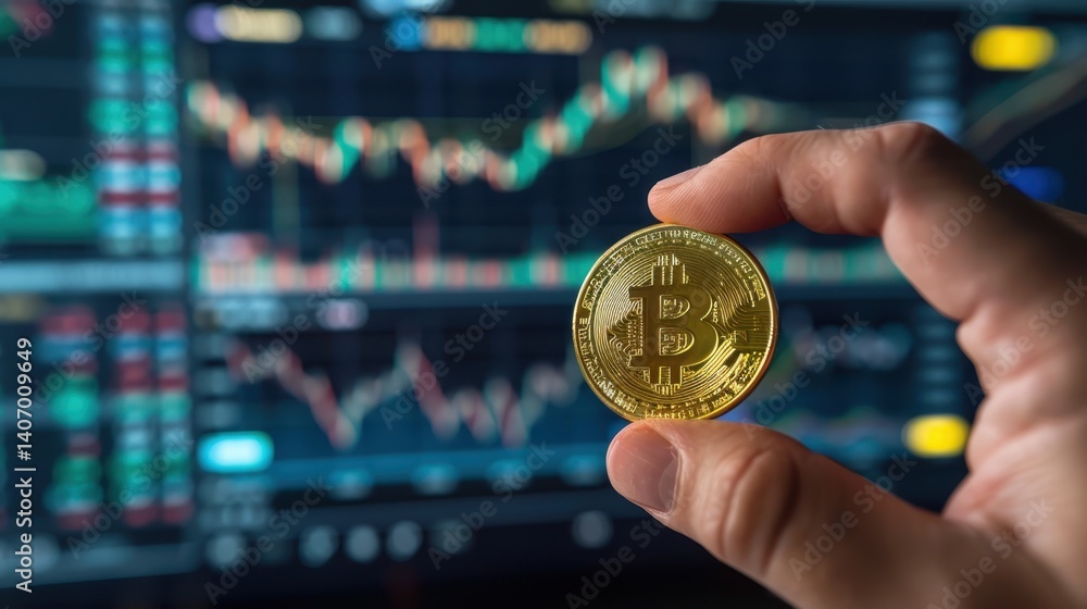 Poster hand holding golden bitcoin coin with chart background display