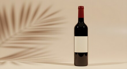 Elegant bottle of red wine, featuring a blank label, with a stylish shadow from a palm leaf.