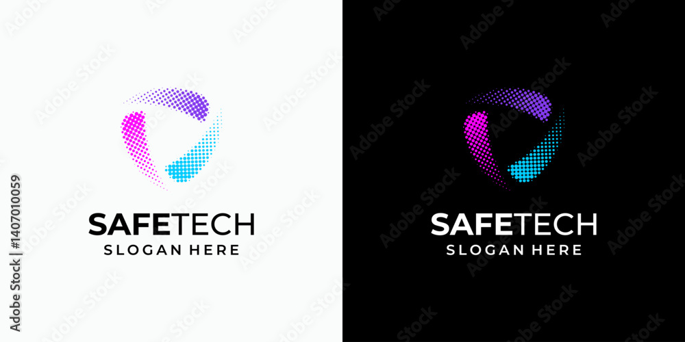 Poster triangle shield rotation vector logo design with circle dots gradient effect in modern, simple, clea