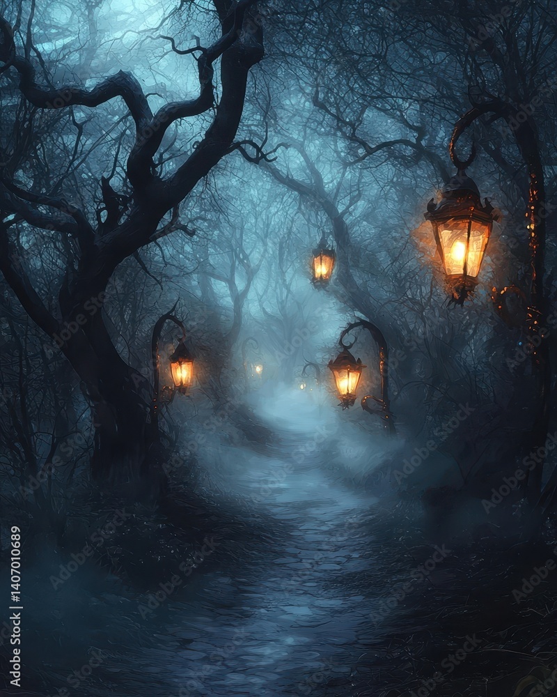 Poster mysterious pathway in foggy forest illuminated by lanterns